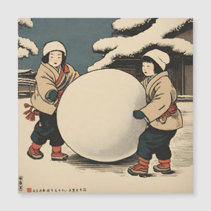 Japanska barn som rullar stora snö bollar magnetisk inbjudningskort