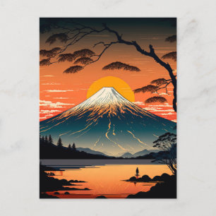 Japanska berg och Sol Ukiyo e illustration Vykort