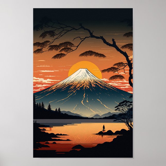 Japanska berget och Sol Ukiyo e illustration Poster (Framsidan)