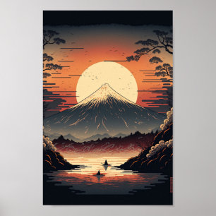 Japanska berget, sjö och fiskare Ukiyo e Poster