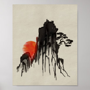 Japanska bergssolnedgången - sumi-e poster