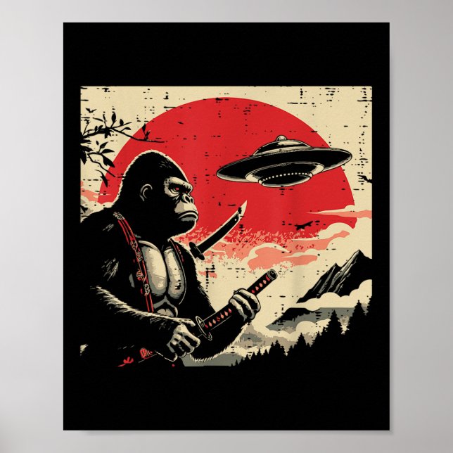 Japanska Bigfoot Samurai Ufo Vintage Sasquatch Man Poster (Framsidan)