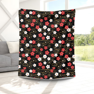 Japanska Black Sakura Cherry Blommar Flowers Fleecefilt