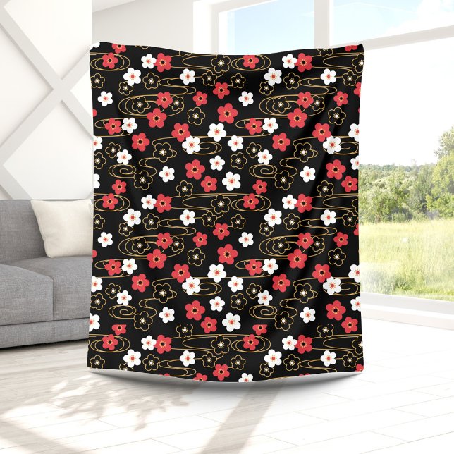 Japanska Black Sakura Cherry Blommar Flowers Fleecefilt (Skapare uppladdad)