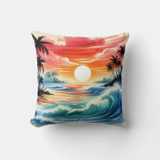 Japanska Bläck Stil Art Oceanen Vågar Sunset Handf Kudde (Framsida)