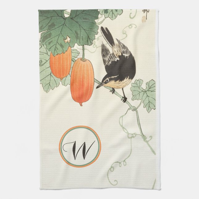 Japanska blocket Print Bird Orange Fruit Monogram Kökshandduk (Vertikal)