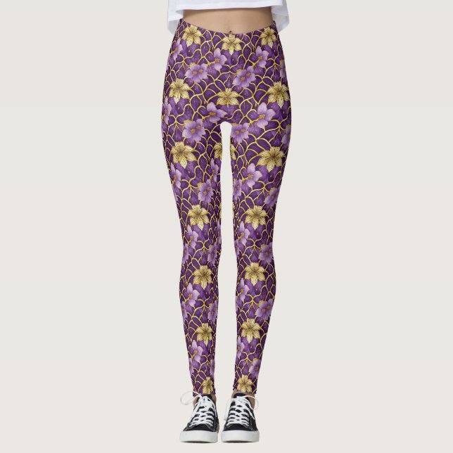Japanska blommande lila guldleggings leggings (Framsida)