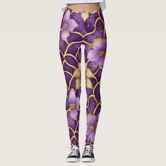 Japanska Blommigt Lila Guld Leggings (Framsida)