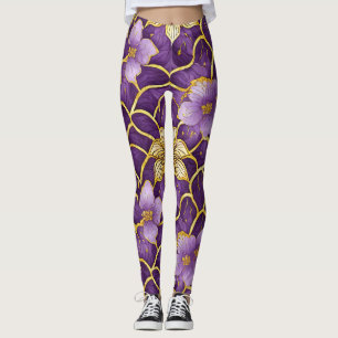 Japanska blomsterfärgade lila guldläggningar leggings