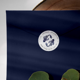japanska   Blue Koi Fish Bröllop returadress Runt Klistermärke
