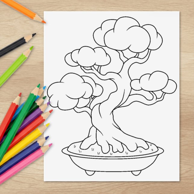 Japanska Bonsai Träd på en brickfärgningssida Stämpel (Skapare uppladdad)