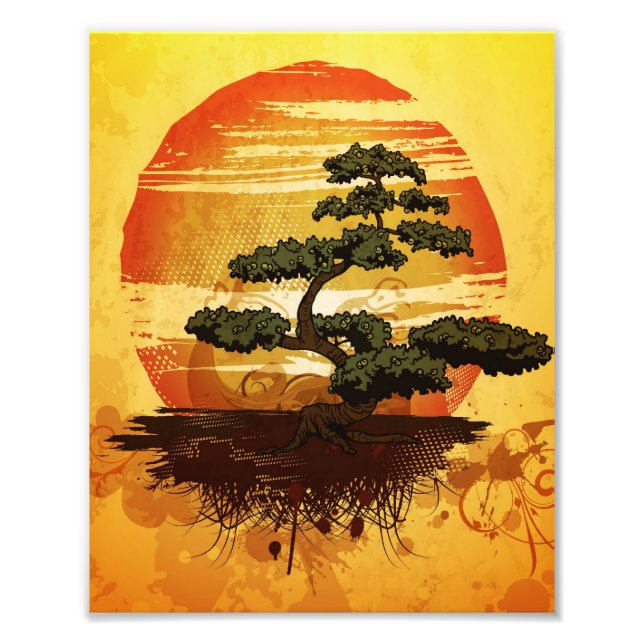 Japanska Bonsai Träd Sunset Fototryck (Framsidan)