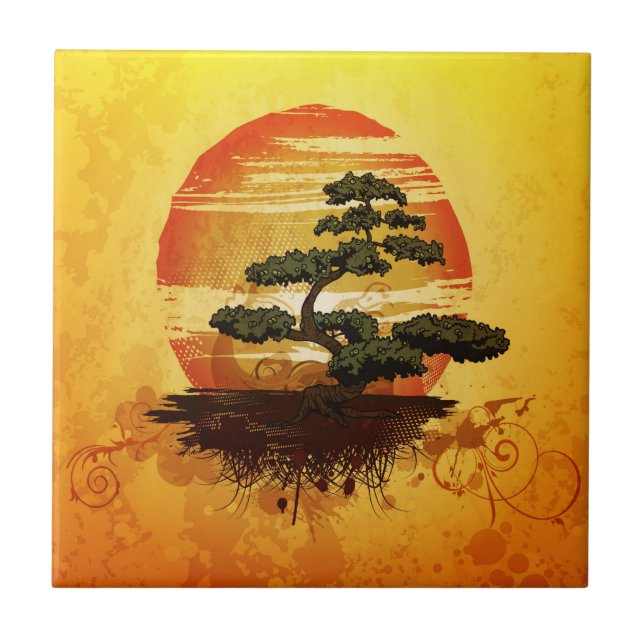Japanska Bonsai Träd Sunset Kakelplatta (Framsidan)