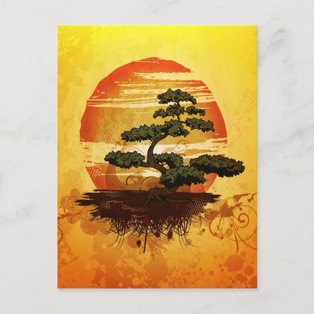Japanska Bonsai Träd Sunset Vykort (Framsida)