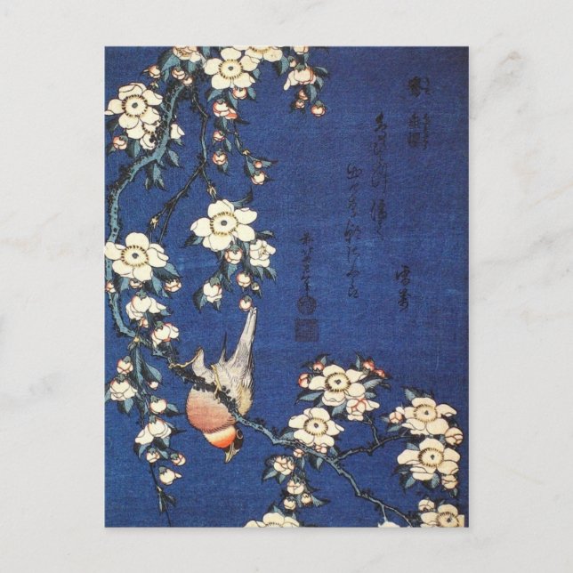 Japanska Bush Warbler and Weeping Cherry (Hokusai) Vykort (Framsida)
