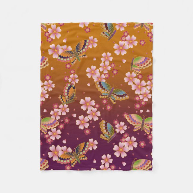 Japanska Butterflies Amid Sakura Blommar Guld Fleecefilt (Framsidan)