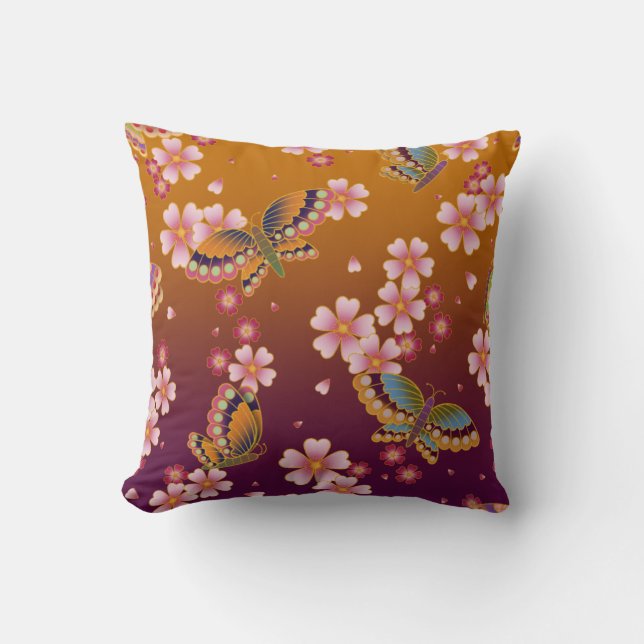 Japanska Butterflies Amid Sakura Blommar Guld Kudde (Framsida)