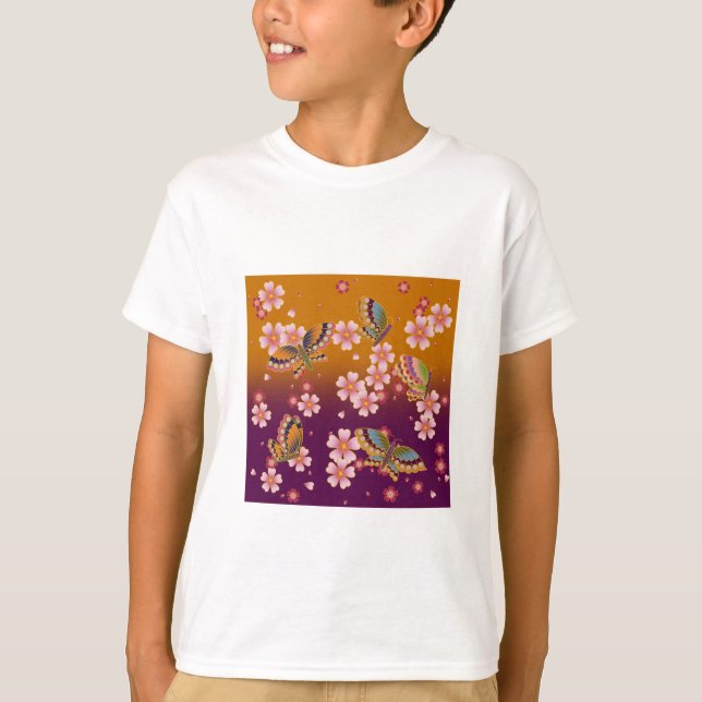 Japanska Butterflies Amid Sakura-Blommar T Shirt (Framsida)