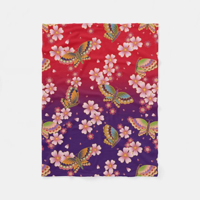 Japanska Butterflies Amid Sakura Blommars Red Fleecefilt (Framsidan)
