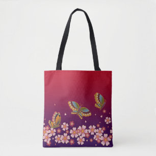 Japanska Butterflies Amid Sakura Blommars Red Tygkasse