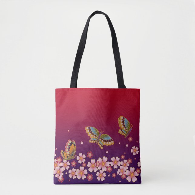 Japanska Butterflies Amid Sakura Blommars Red Tygkasse (Framsida)