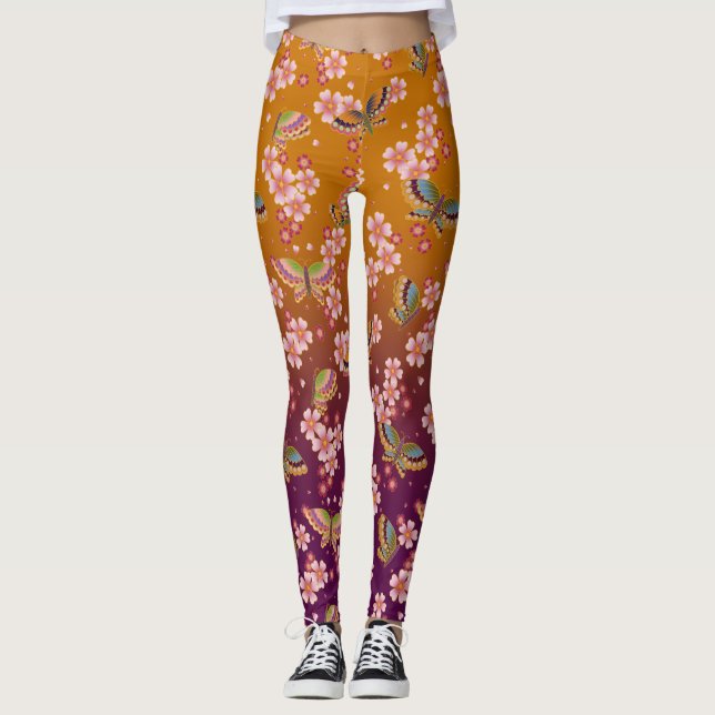 Japanska Butterflies Amid Sakura Blooms Guld plomm Leggings (Framsida)