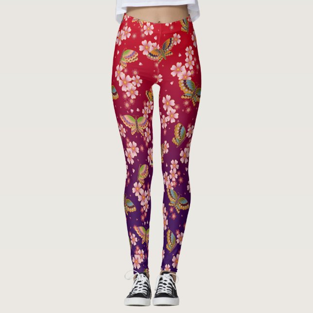 Japanska Butterflies Amid Sakura Shower Red Leggings (Framsida)