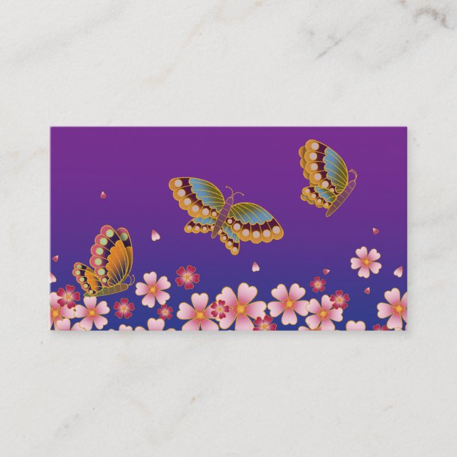 Japanska Butterflies & Sakura Blommar Lila Blue Visitkort (Framsida)