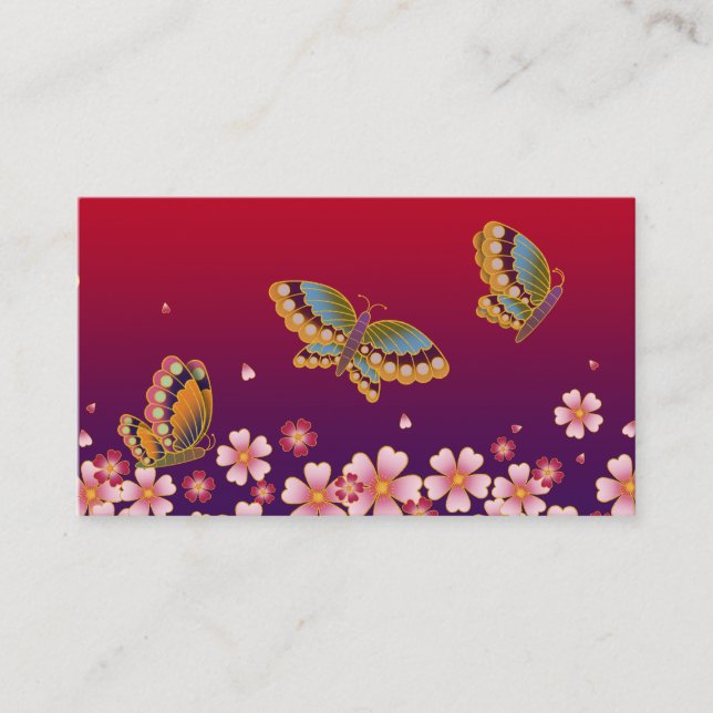 Japanska Butterflies & Sakura Blommars Red & Plum Visitkort (Framsida)