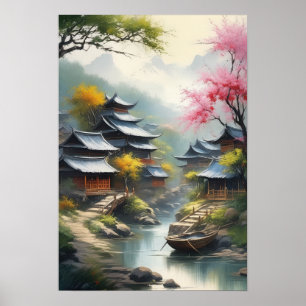 Japanska byn i Misty Valley Poster