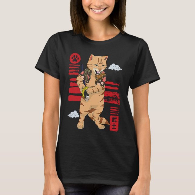 Japanska Cat Samurai Kaiju Warrior Ronin Bushido K T Shirt (Framsida)