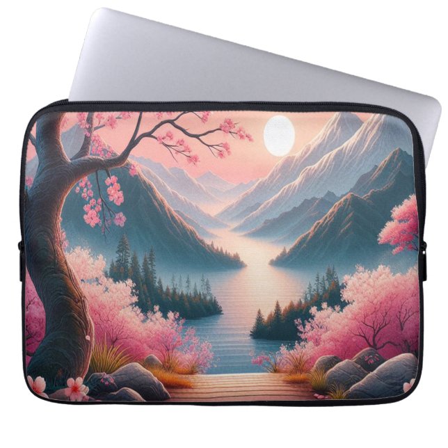 Japanska Cherry Blommars Mountain Forest Landcape Laptop Fodral (Framsidan)