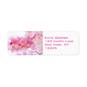 Japanska Cherry Träd med Pastel Rosa Blommars Returadress Etikett