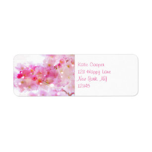 Japanska Cherry Träd med Pastel Rosa Blommars Returadress Etikett