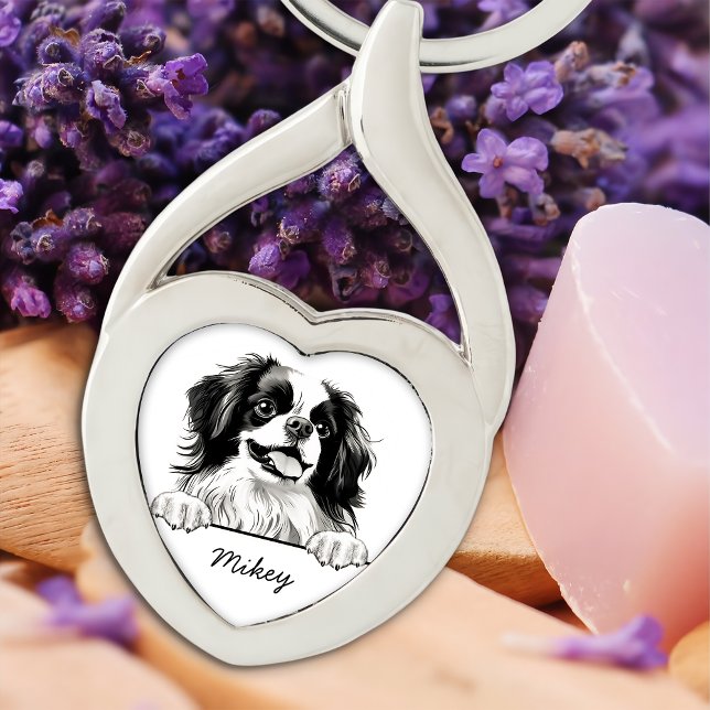 Japanska Chin Hund Personlig Hand Teckning Twisted Heart Silverfärgad Nyckelring (Skapare uppladdad)