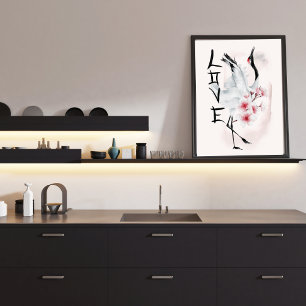 Japanska Crane Sakura Cherry Blommar Elegant Kärle Poster
