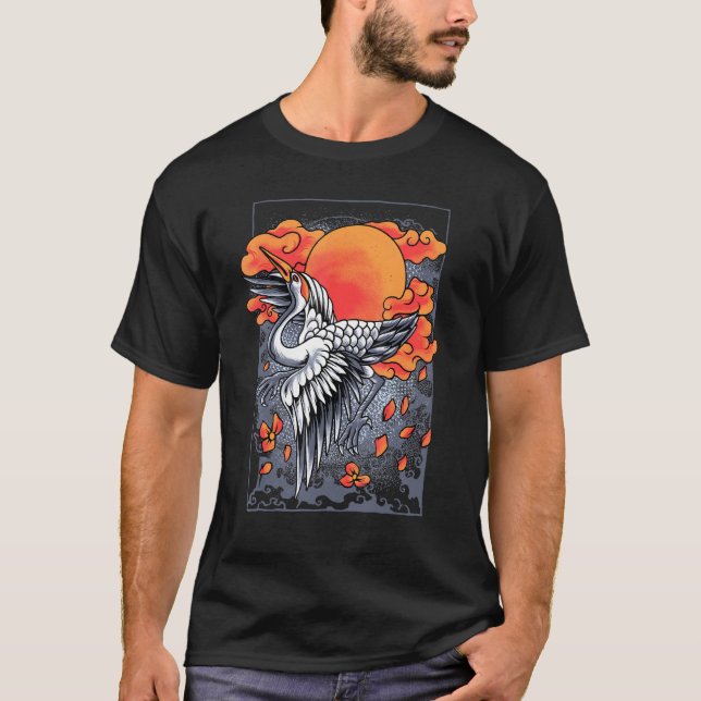 Japanska Crane Tsuru med Cherry Blommars T Shirt (Framsida)