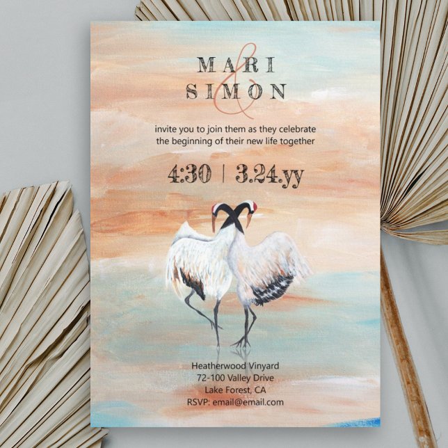 Japanska Cranes, Beige, Turquise Bröllop Inbjudningar (japanese origami asian cranes sienna beige turquoise blue wedding invitations, nature 2 animals)