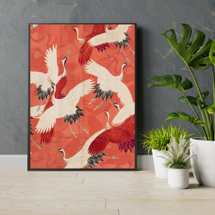 Japanska Cranes Burnt Orange Kimono Fabric Art Poster