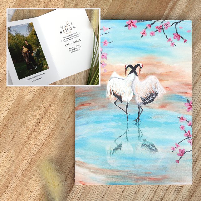 Japanska Cranes, Cherry Blommar Sakura Bröllop Inbjudan (Asian cranes, cherry blossoms, sakura Japanese wedding invitations, pink beige turquoise)