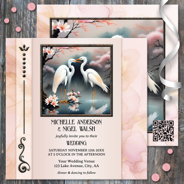 Japanska Cranes Egret Romantic Bröllop Inbjudningar (Wedding invitation featuring a painting of two Japanese cranes or egrets on an elegant pink design)