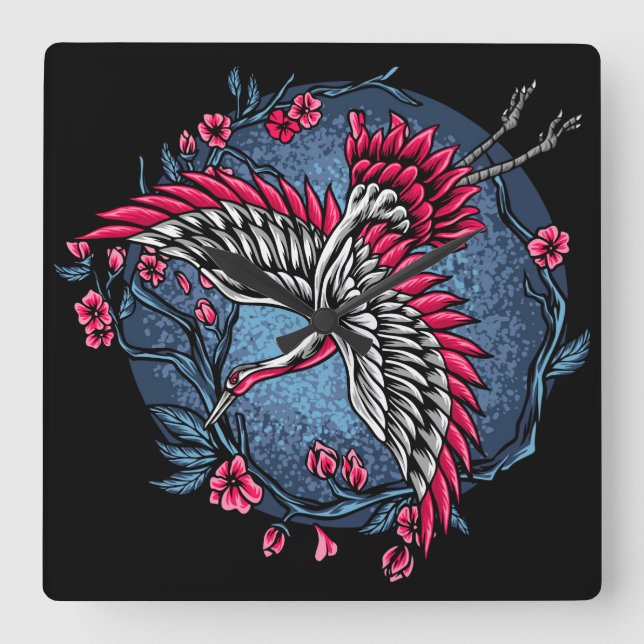 Japanska Cranes Fyrkantig Klocka (Framsida)