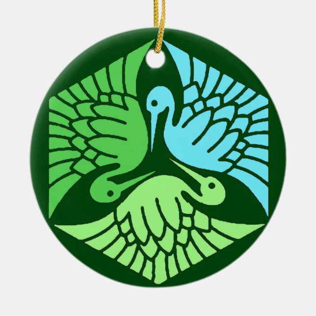 Japanska Cranes, Jade Grönt och Light Blue Julgransprydnad Keramik (Framsidan)