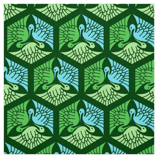 Japanska Cranes, Jade Grönt och Light Blue Tyg (Provkarta)