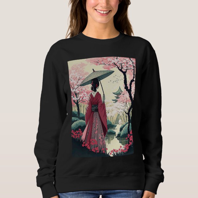 Japanska Dam med Blommarna Umbrella Pagoda cherry T Shirt (Framsida)