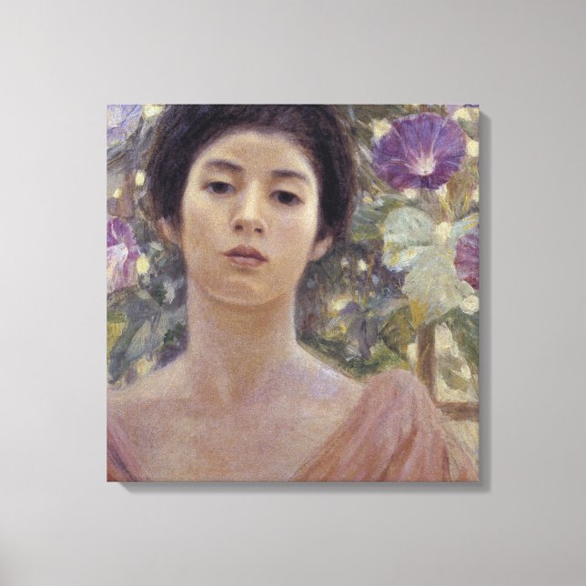 Japanska Dam med Lila Morgonglasblommor Canvastryck (Framsida)