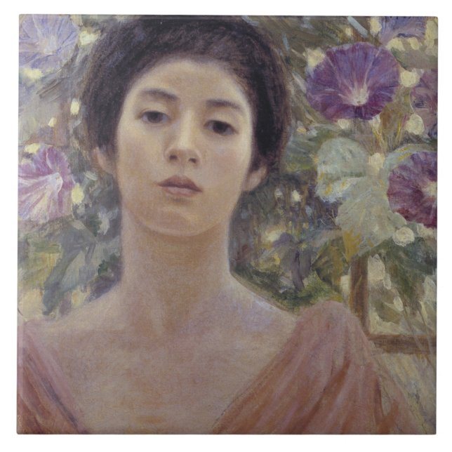 Japanska Dam med Lila Morgonglasblommor Kakelplatta (Framsidan)