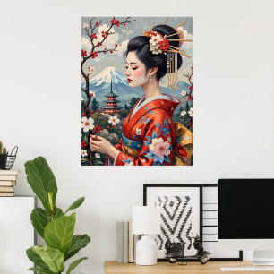 Japanska Dam med Mount Fuji Poster