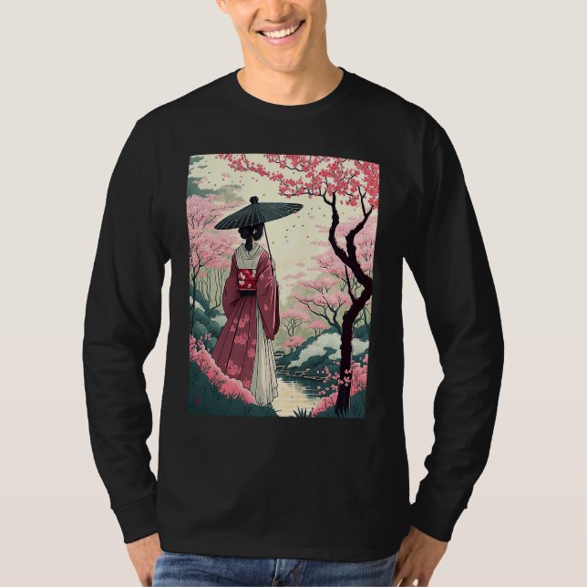 Japanska Dam med paraplykörsbärsBlommar Garden T Shirt (Framsida)