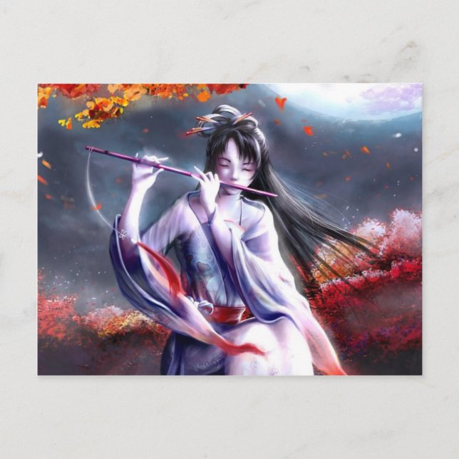 Japanska Dam som spelar en flöjt Vykort (Framsida)